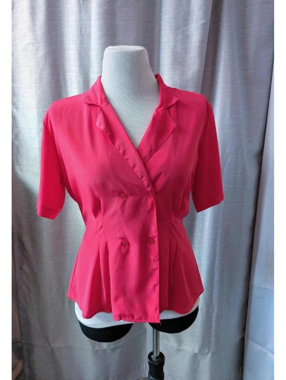 Vintage Hot Pink Blouse 80s Double Breasted Blouse M